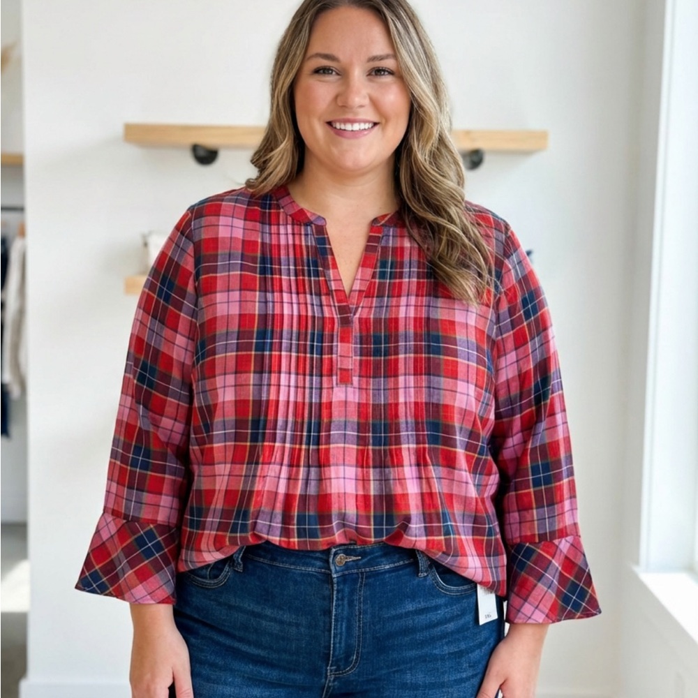 Style & Co. Red and Pink Plaid Blouse - Picture 2 of 3